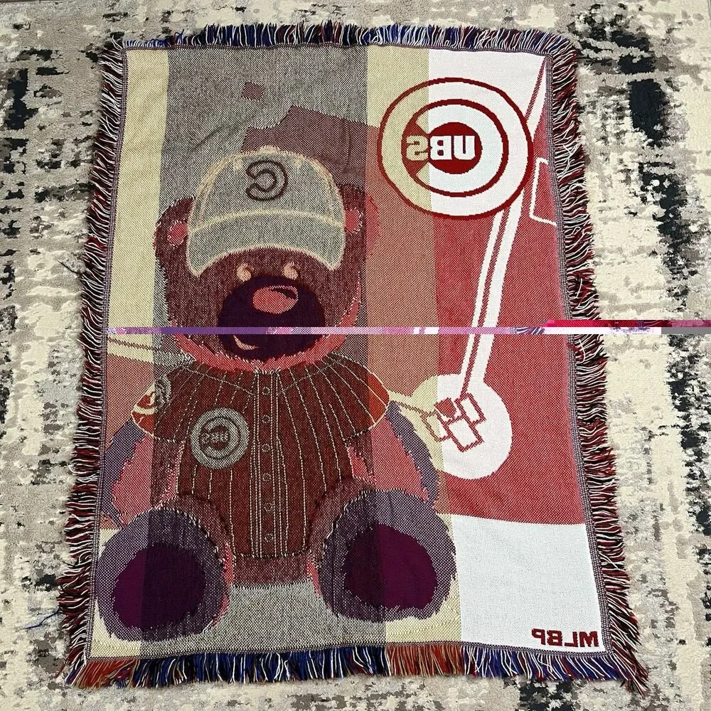 Vintage Chicago Cubs Field Bear Woven Jacquard Throw Baby Blanket MLB 46x35